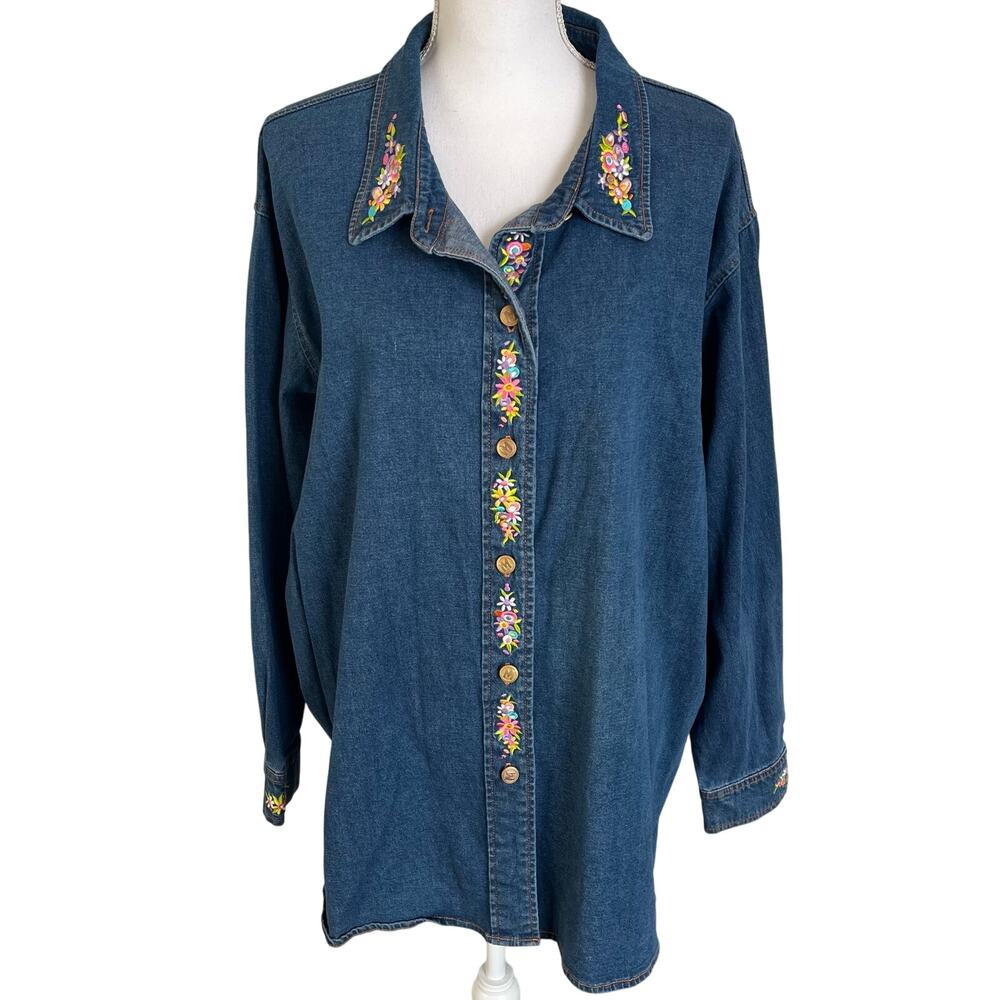 Bob Mackie Wearable Art Denim Shirt Womens 2X Plus Blue Maypole Embroidery Tunic